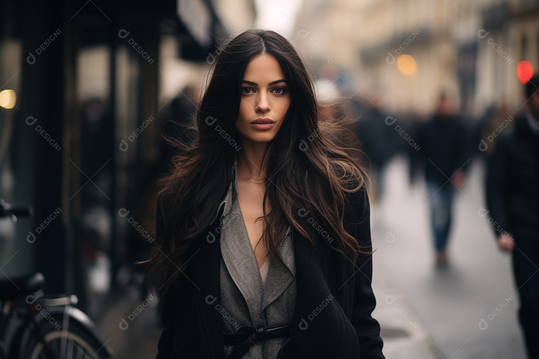 Retrato de uma linda mulher de cabelos escuros em pé na rua IA generativa