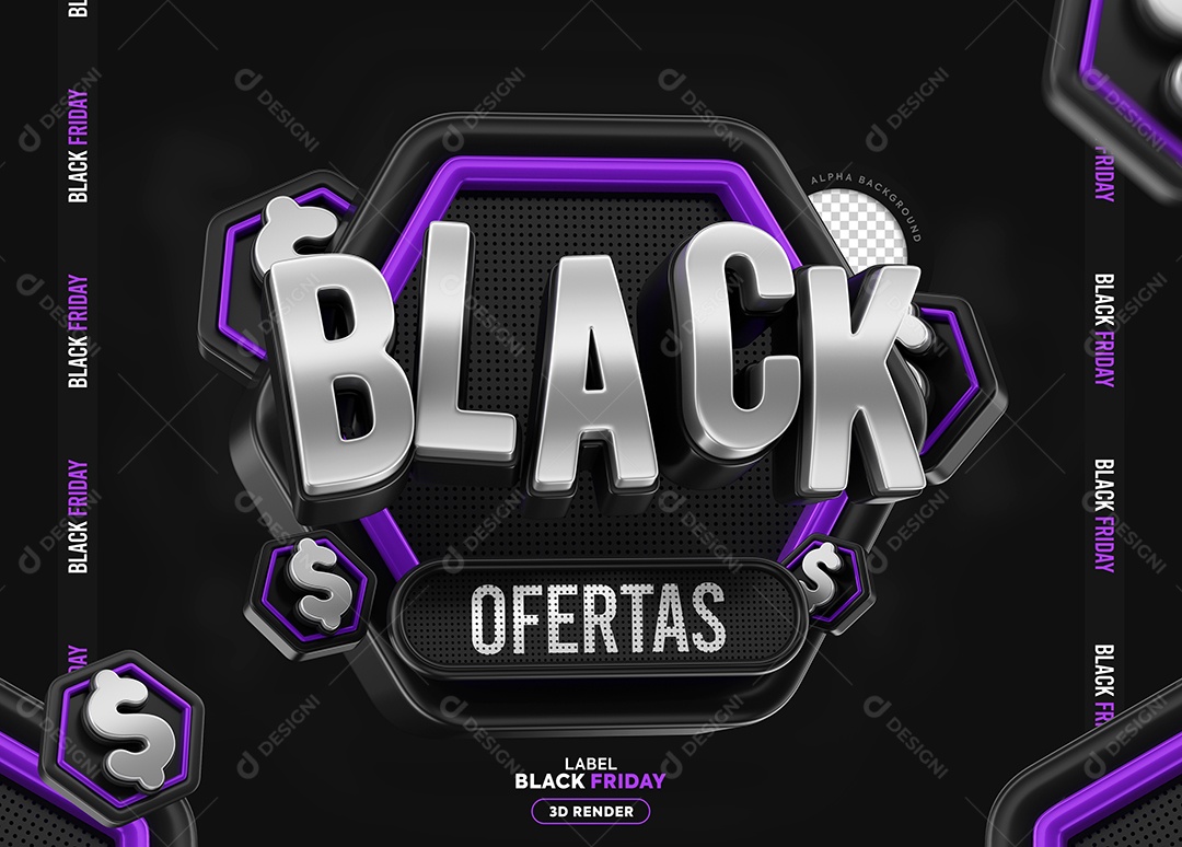 Black Friday Selo 3D Branco Preto Roxo para Composição PSD
