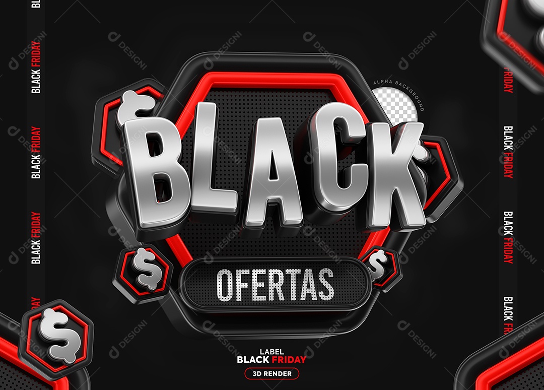 Black Friday Selo 3D Branco Preto para Composição PSD