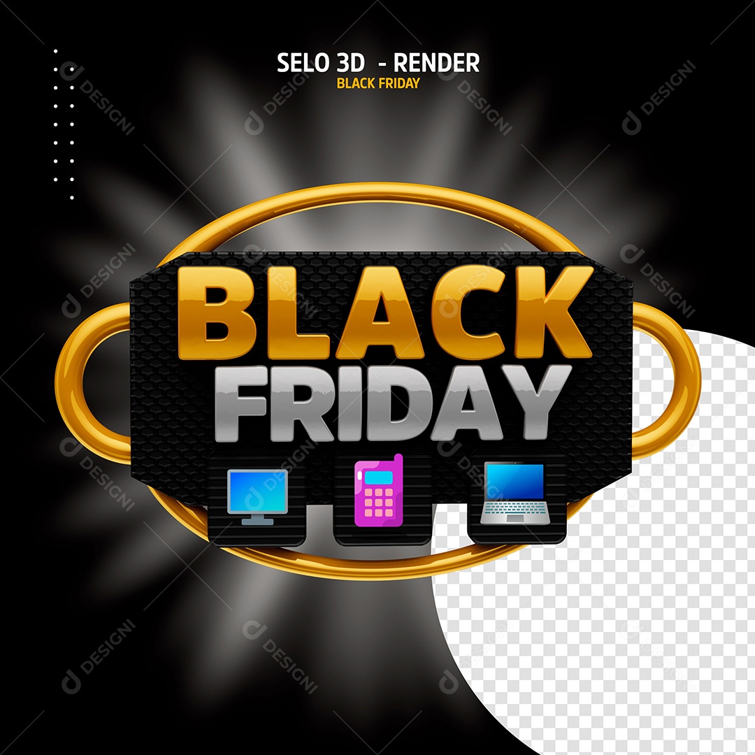 Black Friday Selo 3D Dourado Branco para Composição PSD
