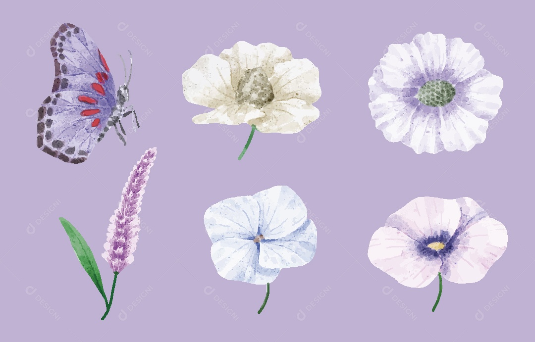 Flores e Borboletas Ilustração em Aquarela Vetor EPS