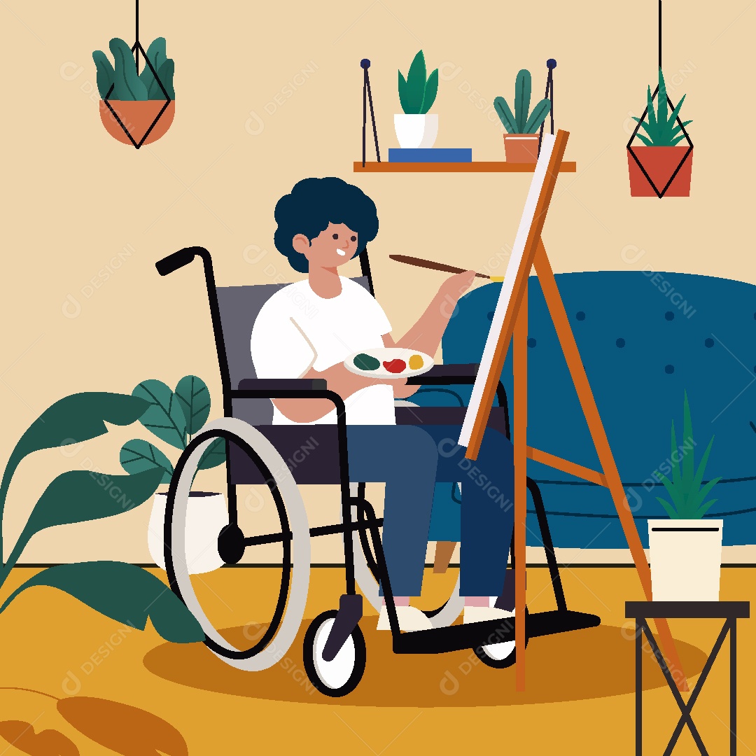 Personagem com Deficiência Pintando Quadro Vetor EPS
