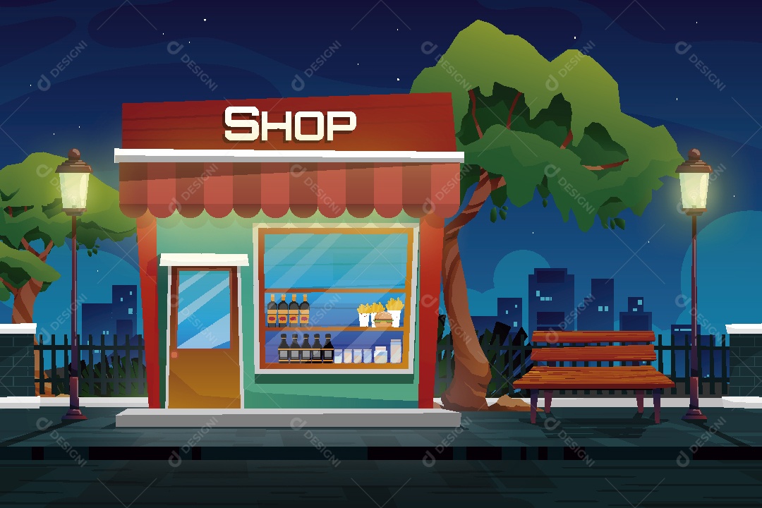 Vista Noturna de uma Loja Ilustração Vetor EPS