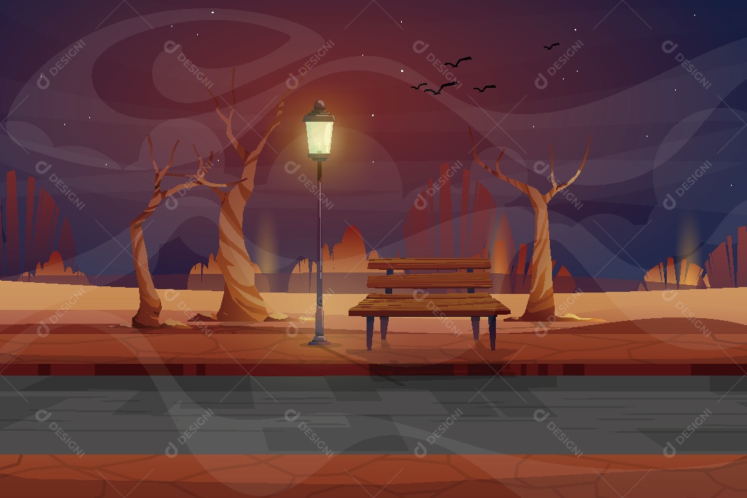 Bela Vista Noturna Banco de Madeira Ilustração Vetor EPS