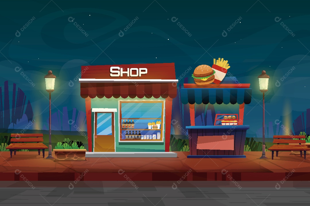 Uma Loja e Uma Lanchonete Ilustração Vetor EPS