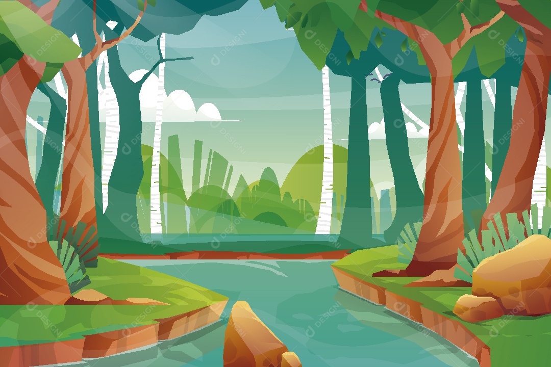 Paisagem de um Rio na Floresta Ilustração Vetor EPS