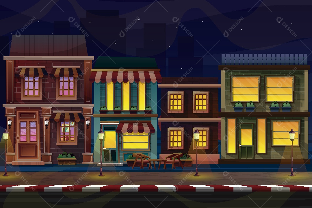 Bala Vista Noturna Fachada de Loja Ilustração Vetor EPS