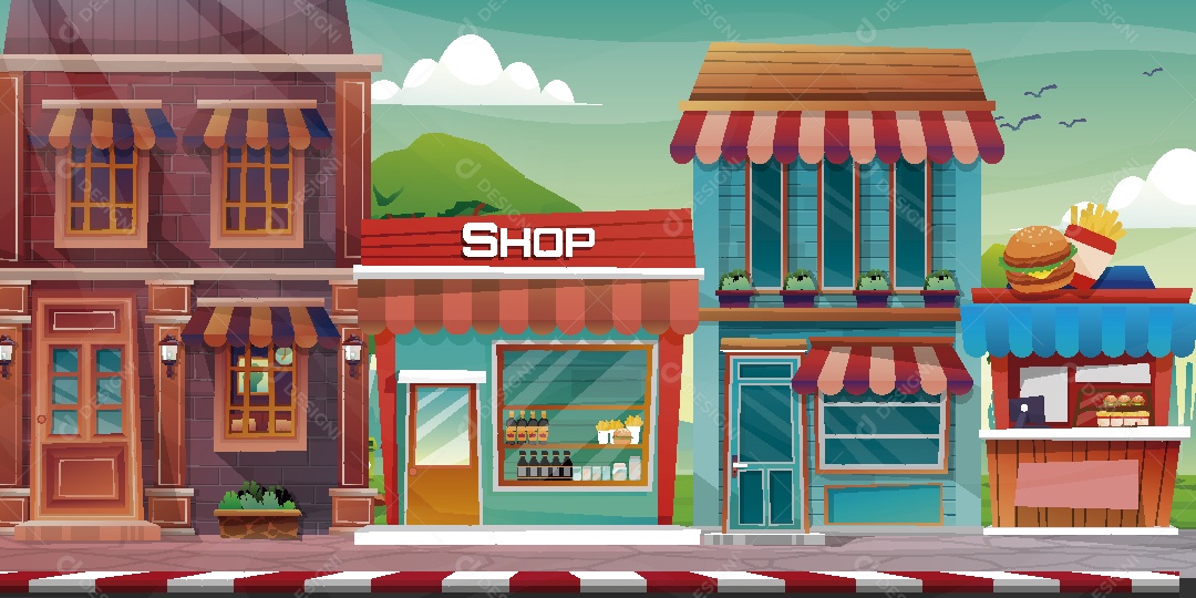 Bela Vista Fachada de Lojas Ilustração Vetor EPS