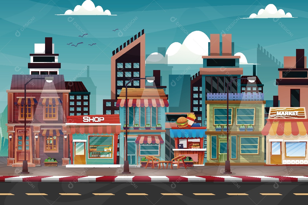 Bela Vista Urbana Rua Cheia de Lojas Ilustração Vetor EPS