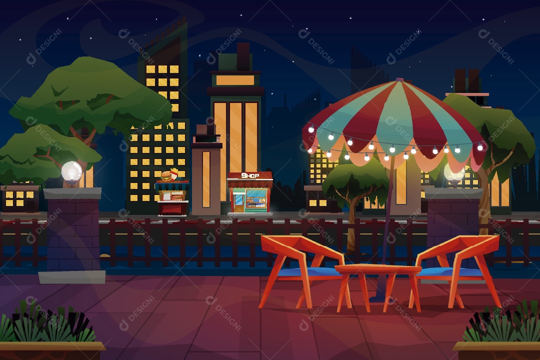 Bela Vista Noturna de uma Praça de Alimentação Ilustração Vetor EPS