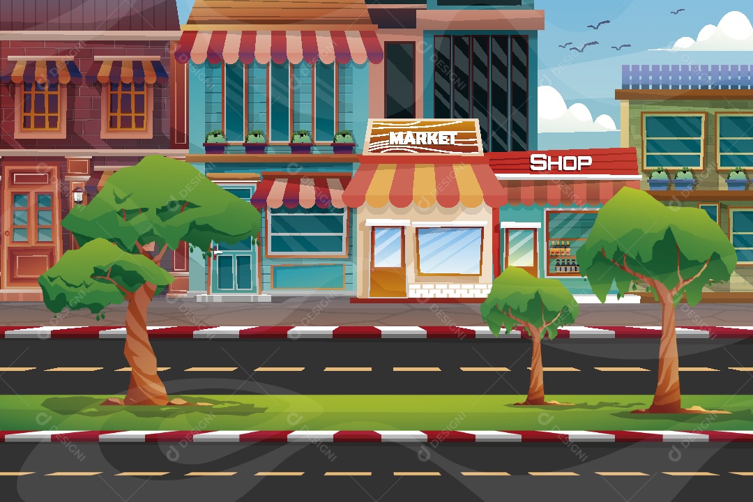 Avenida com Lojas Ilustração Vetor EPS