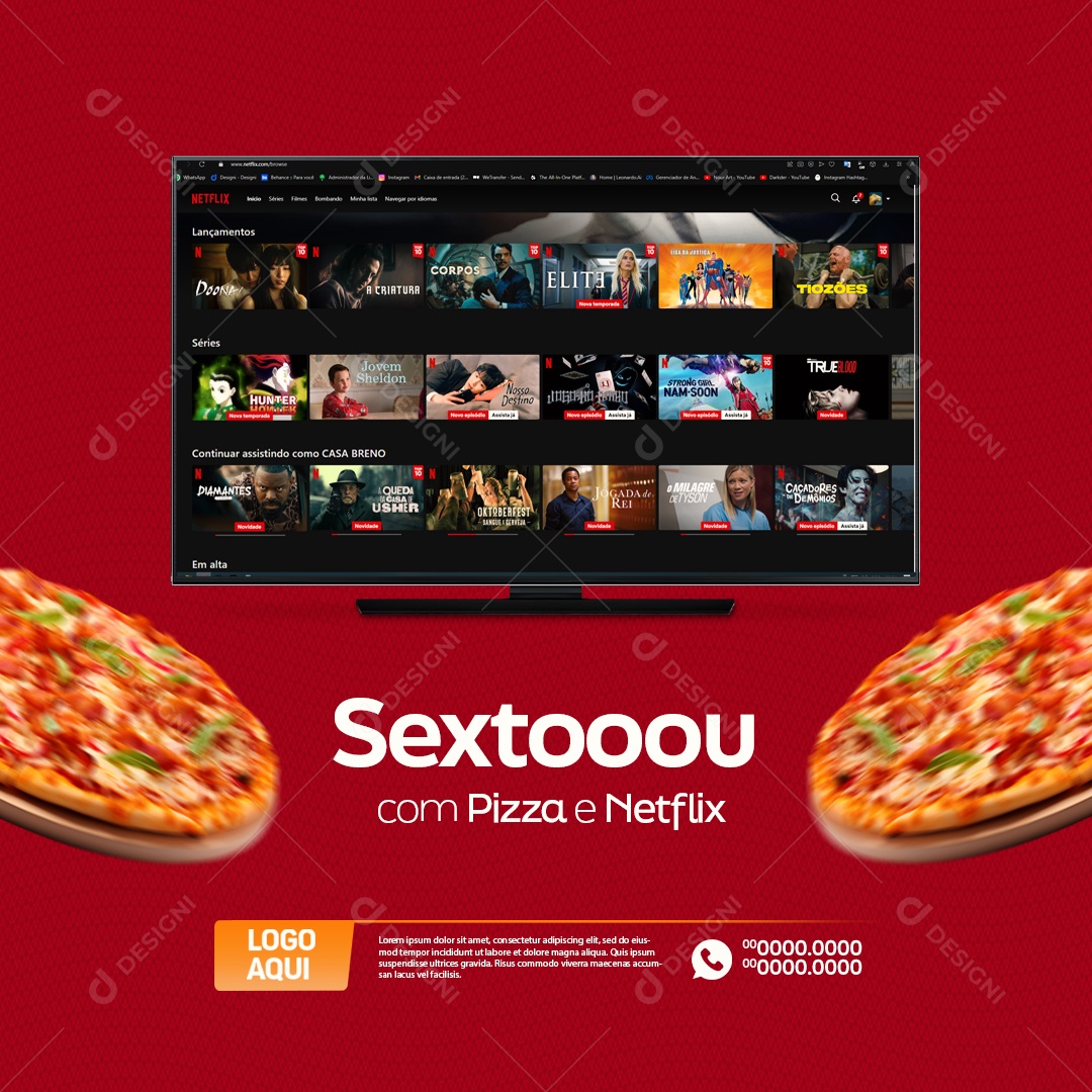 Pizzaria Sextou com Pizza e Netflix Social Media PSD Editável