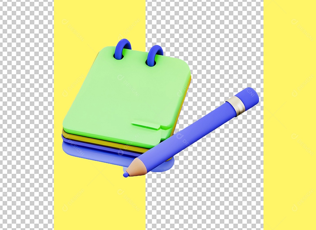 Elemento 3D Bloco de Nota e Lápis para Composição PSD