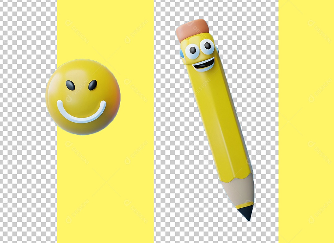 Elemento 3D Lápis com Rosto Feliz Emoji e com Borracha na Ponta para Composição PSD