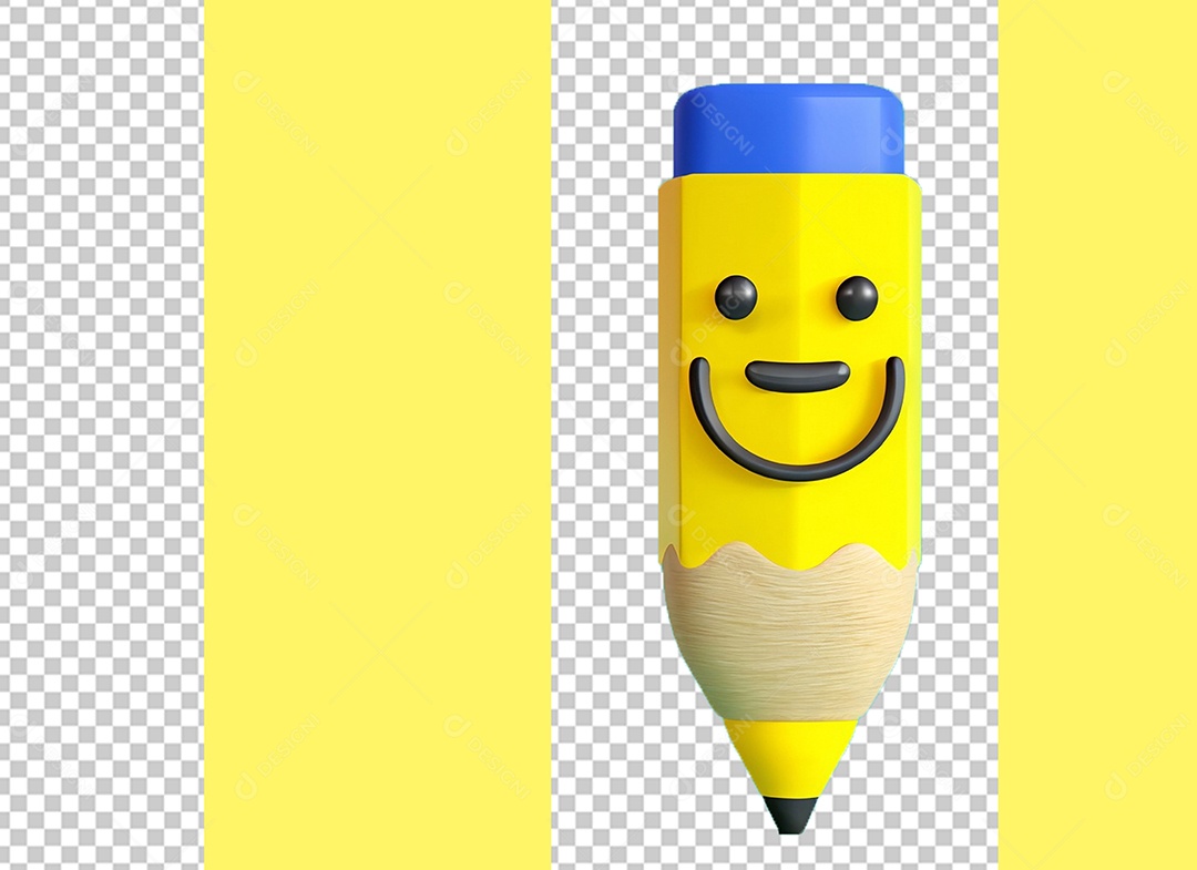 Lápis com Rosto Feliz e com Borracha na Ponta Elemento 3D para Composição PSD