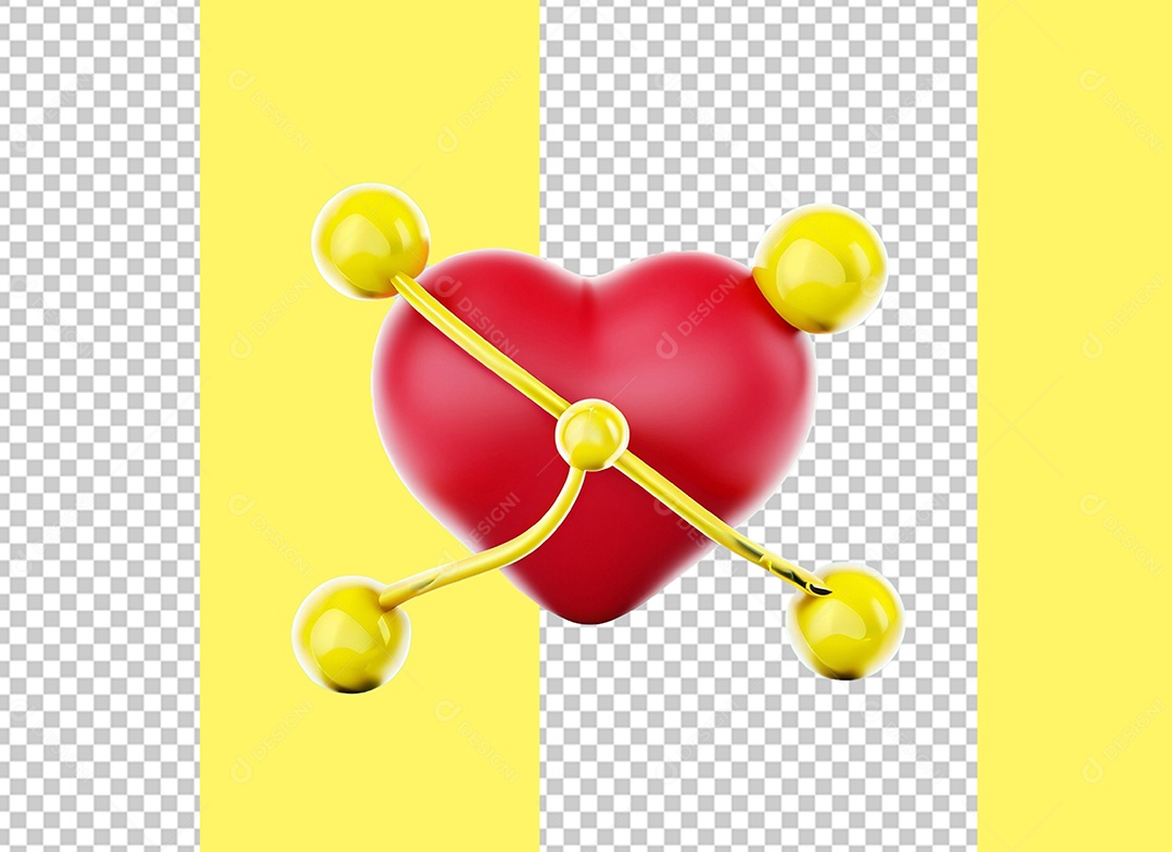 Coração Vermelho com Bolinhas Amarela Elemento 3D para Composição PSD