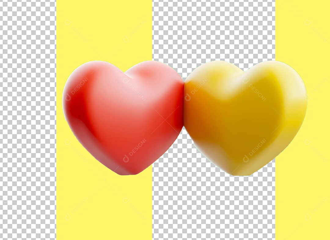 Corações Amarelo e Vermelho Elemento 3D para Composição PSD