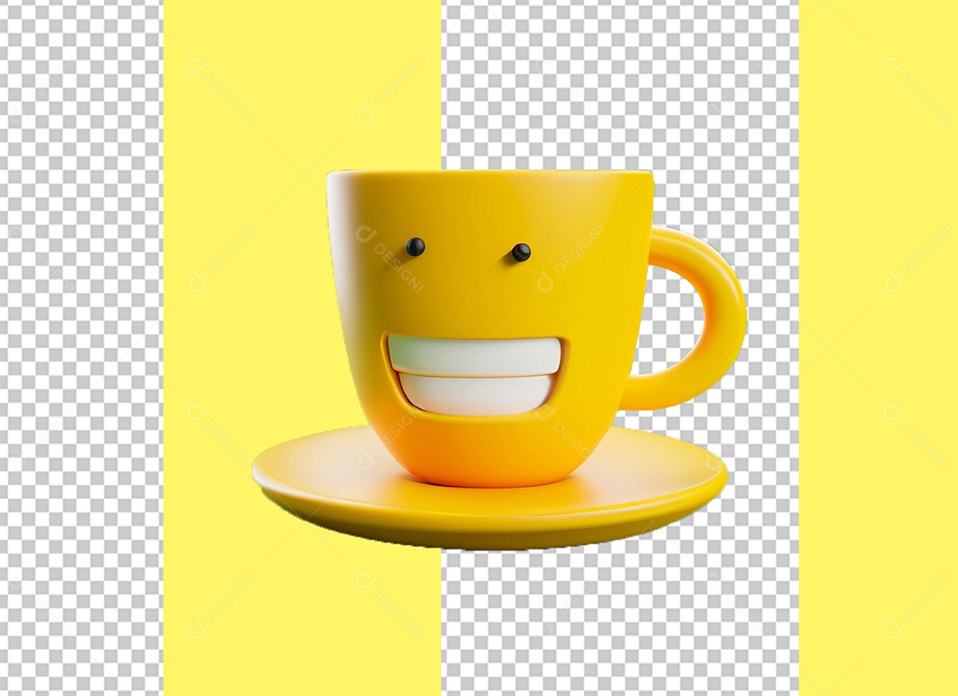 Elemento 3D Xícara com Rosto Feliz Amarelo para Composição PSD
