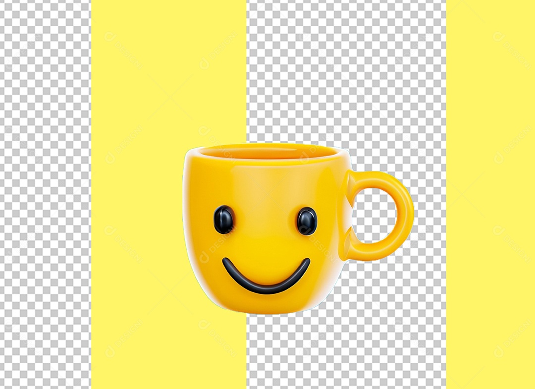 Xícara com Rosto Feliz Elemento 3D Amarelo para Composição PSD