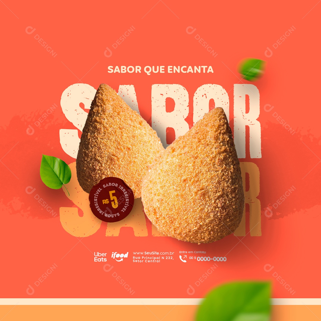 Salgateria Sabor que Encanta Coxinha Sabor Irresistível Social Media PSD Editável