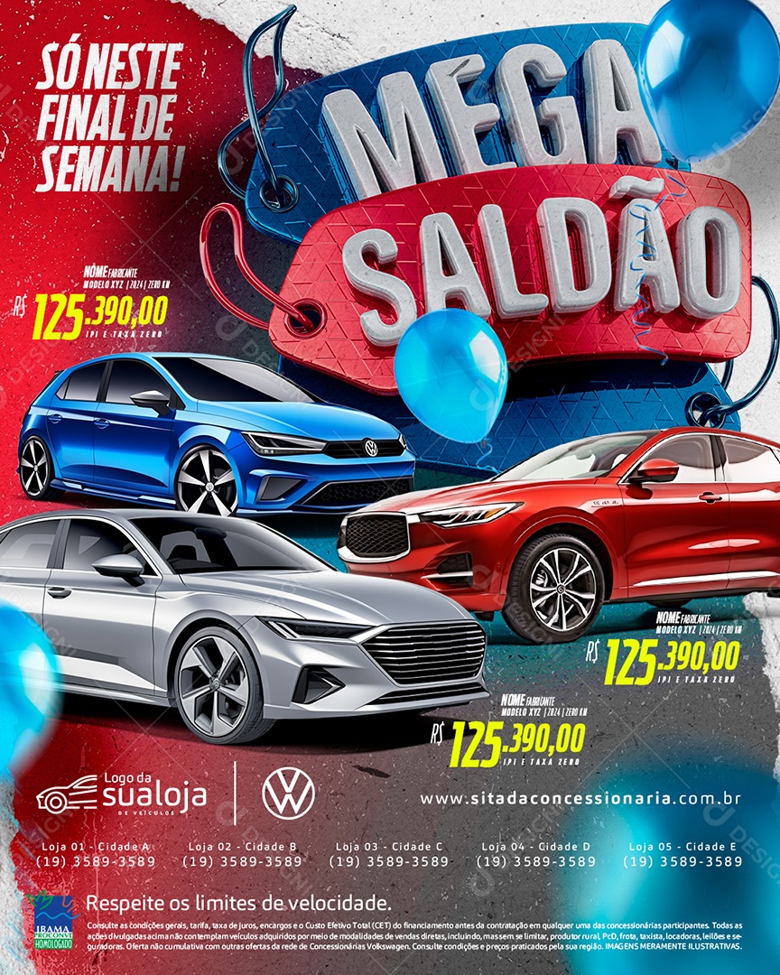 Tabloide Mega Saldão Concessionária Só Neste Final de Semana Carros Novos e Seminovos Social Media PSD Editável