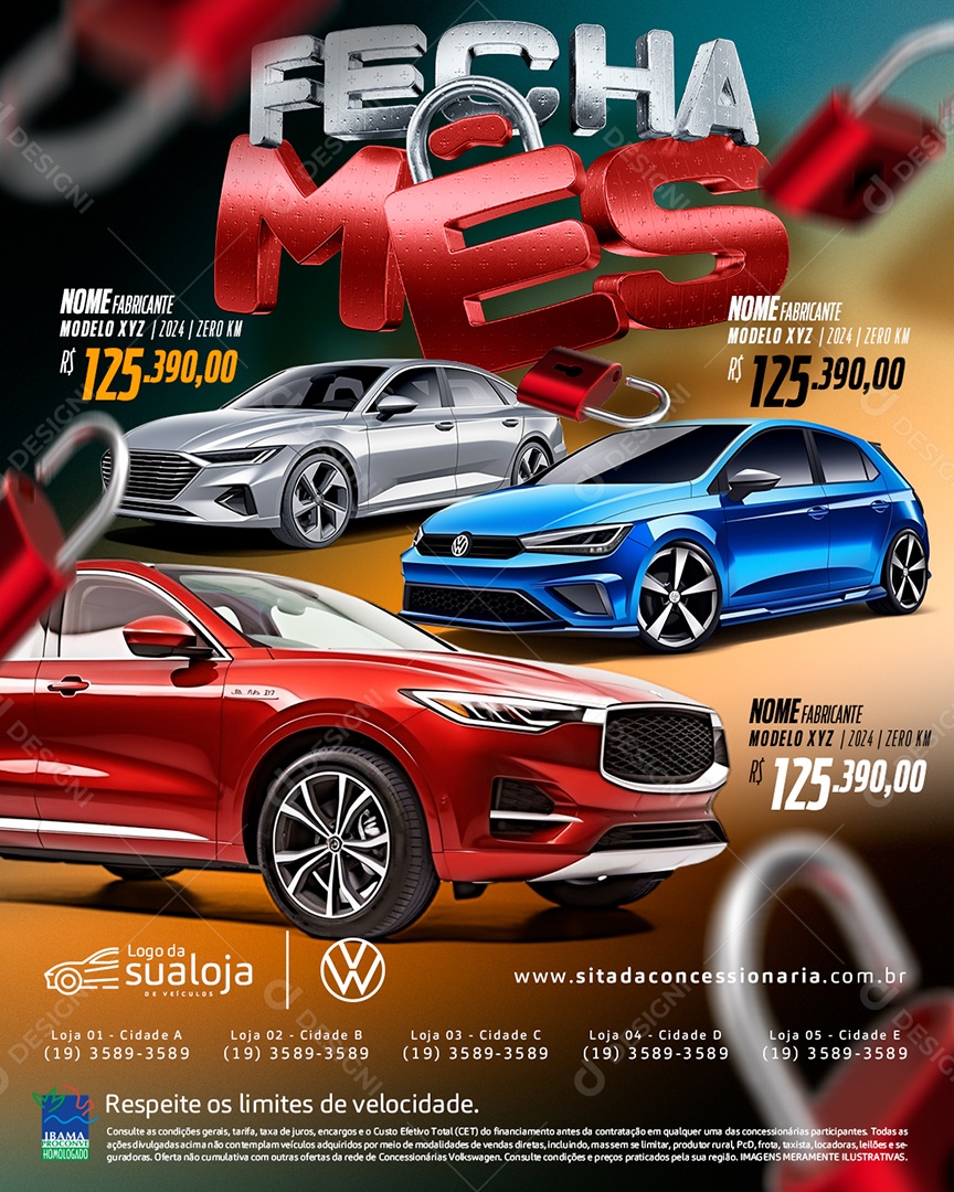 Tabloide Fecha Mês Concessionária Carros Novos e Seminovos Social Media PSD Editável