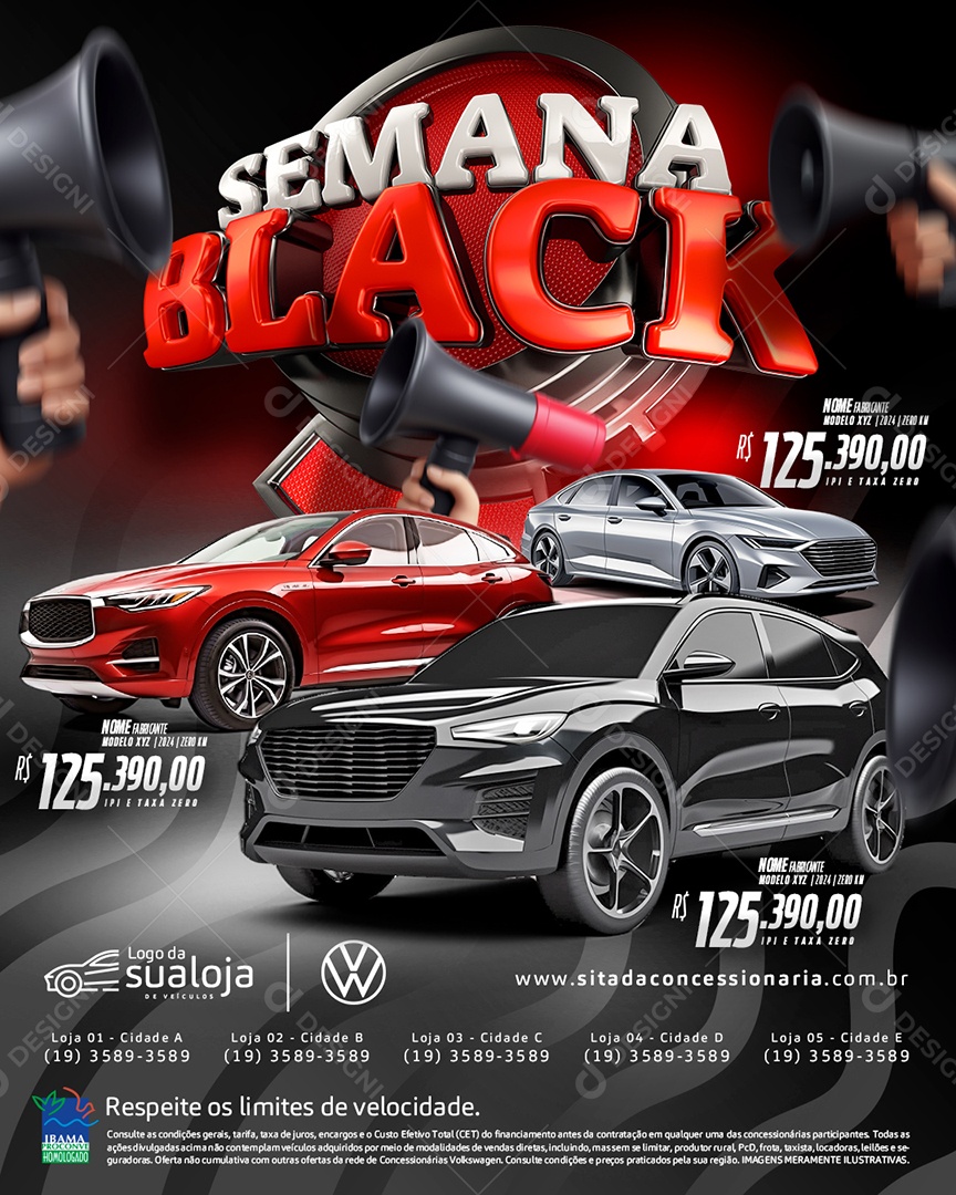 Tabloide Semana Black Concessionária Carros Novos e Seminovos Social Media PSD Editável