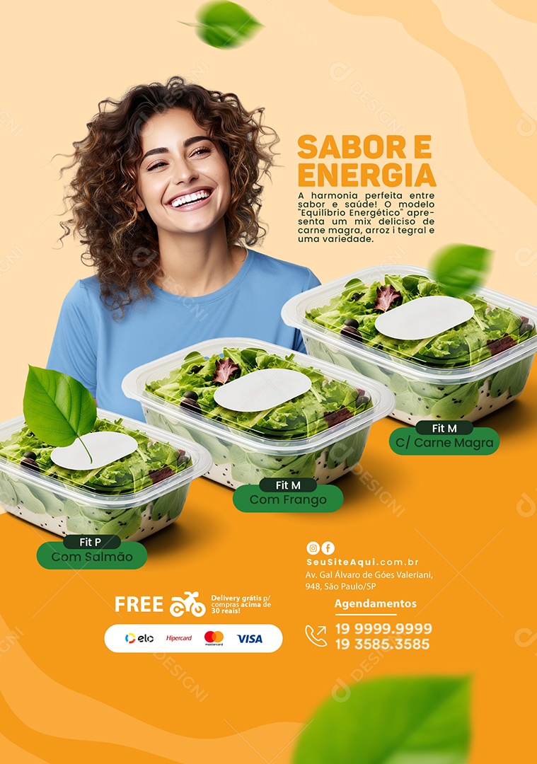 Restaurante Sabor e Energia Marmitaria Fit Marmita com Salmão com Frango com Carne Social Media PSD Editável