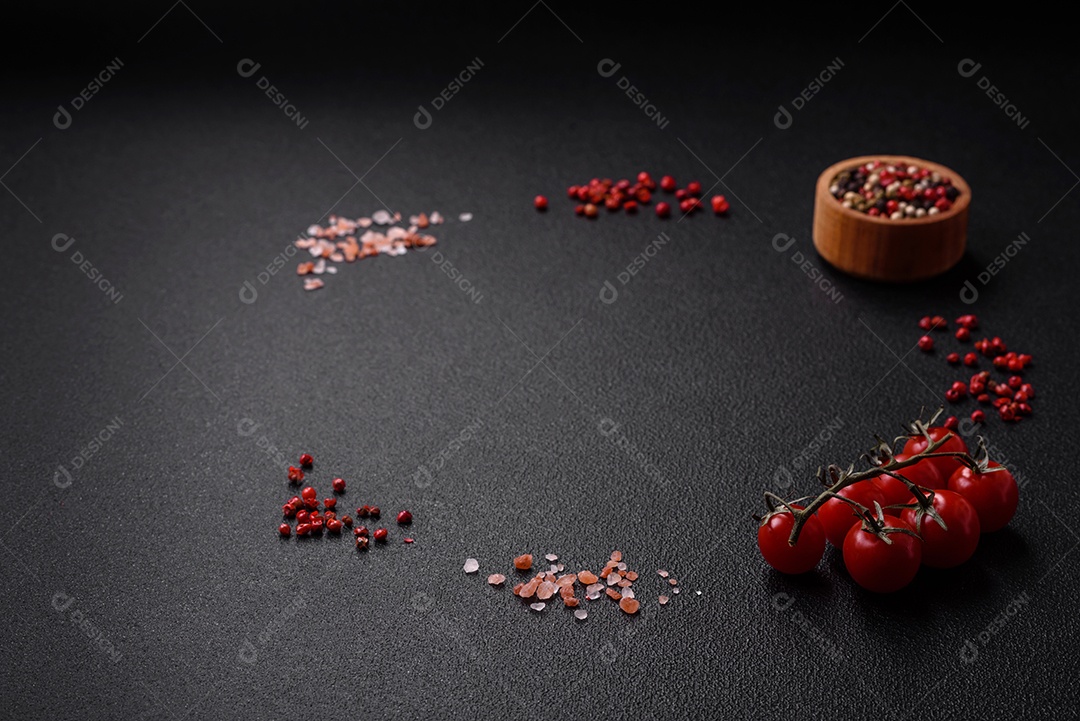 Espaço de cópia vazio com sal e especiarias em fundo escuro de concreto