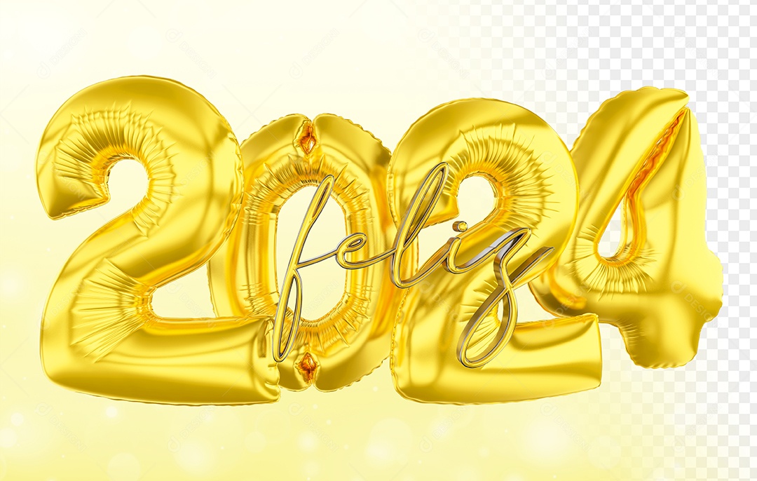 Elemento 3D Feliz 2024 Balão Dourado Para Composição PSD