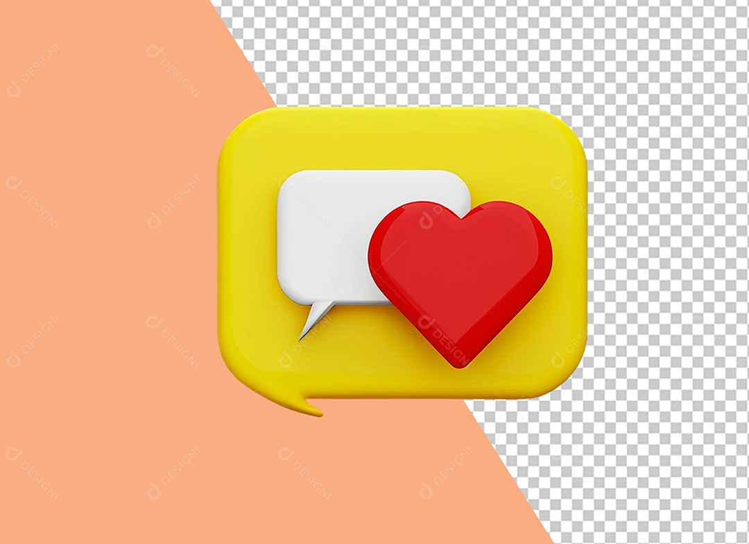 Caixa de Fala Elemento 3D Amarelo com Coração Vermelho para Composição PSD