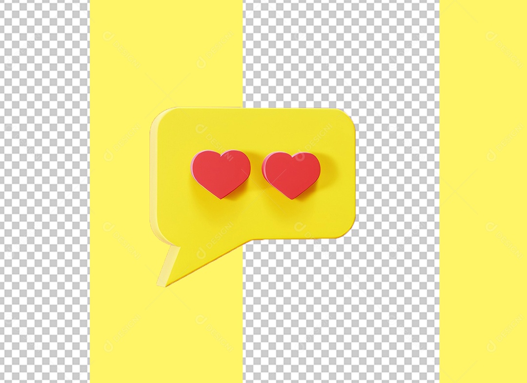 Caixa de Fala com Dois Corações Elemento 3D Amarelo para Composição PSD