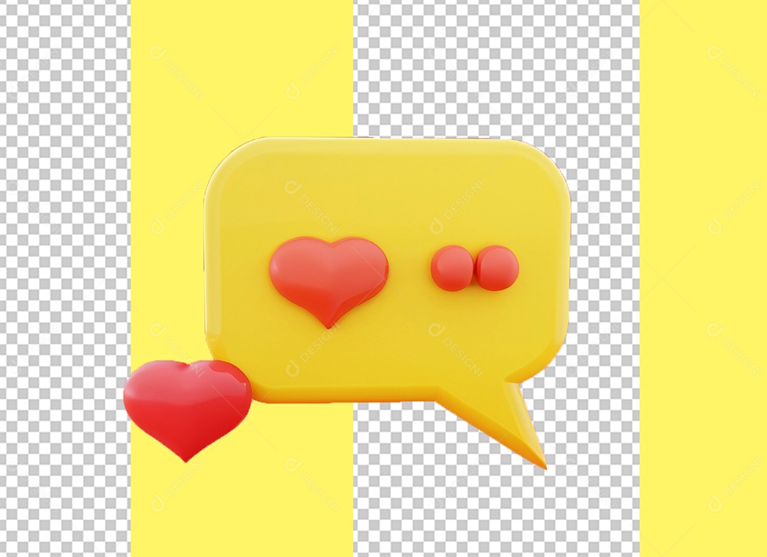 Caixa de Fala Elemento 3D Amarelo com Coração Vermelho para Composição PSD