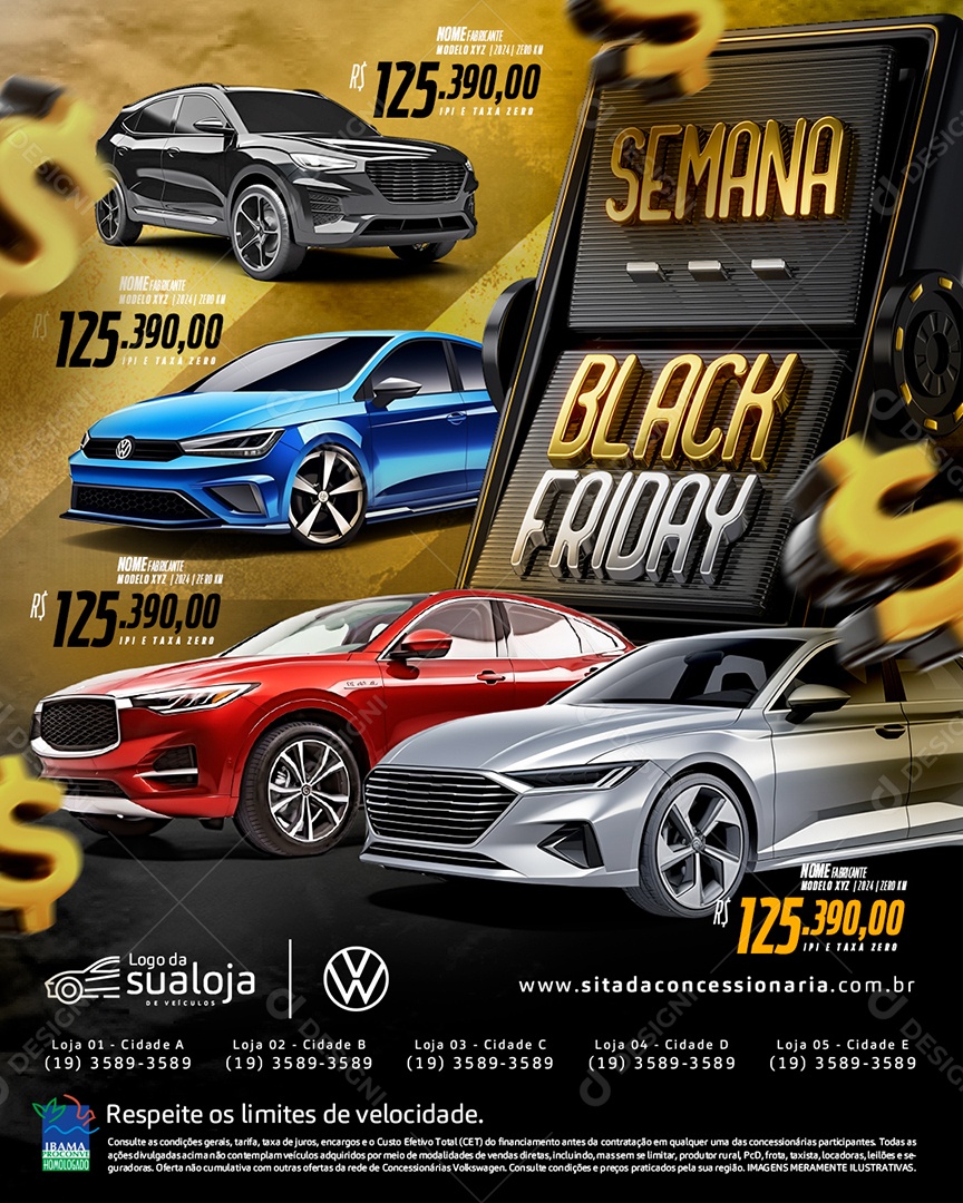Tabloide Semana Black Friday Concessionária Carros Novos e Seminovos Social Media PSD Editável