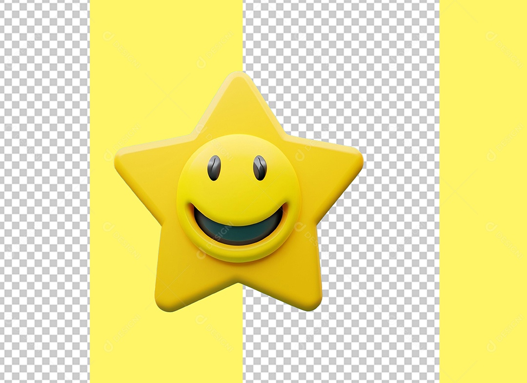 Estrela Amarela com Emoji Feliz Cartoon Elemento 3D para Composição PSD