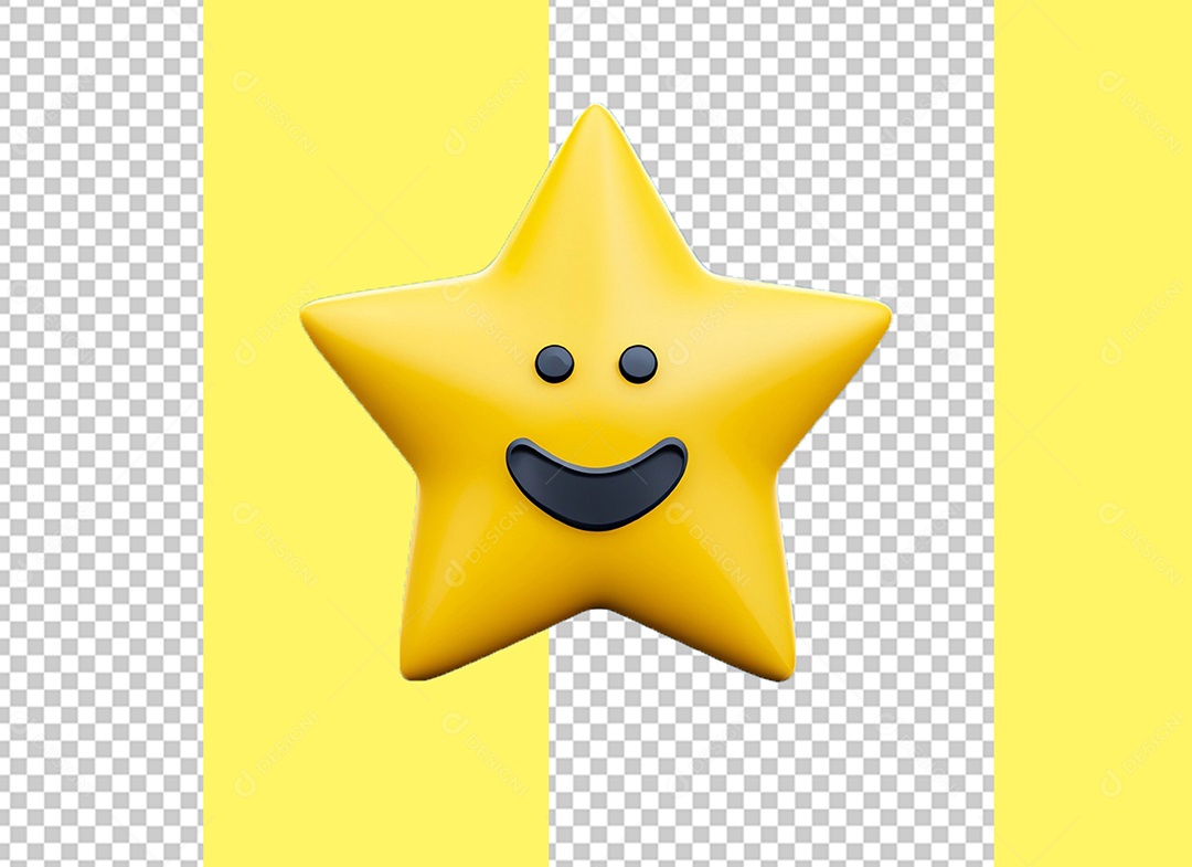 Estrela Amarela com Rosto Feliz Cartoon Elemento 3D para Composição PSD