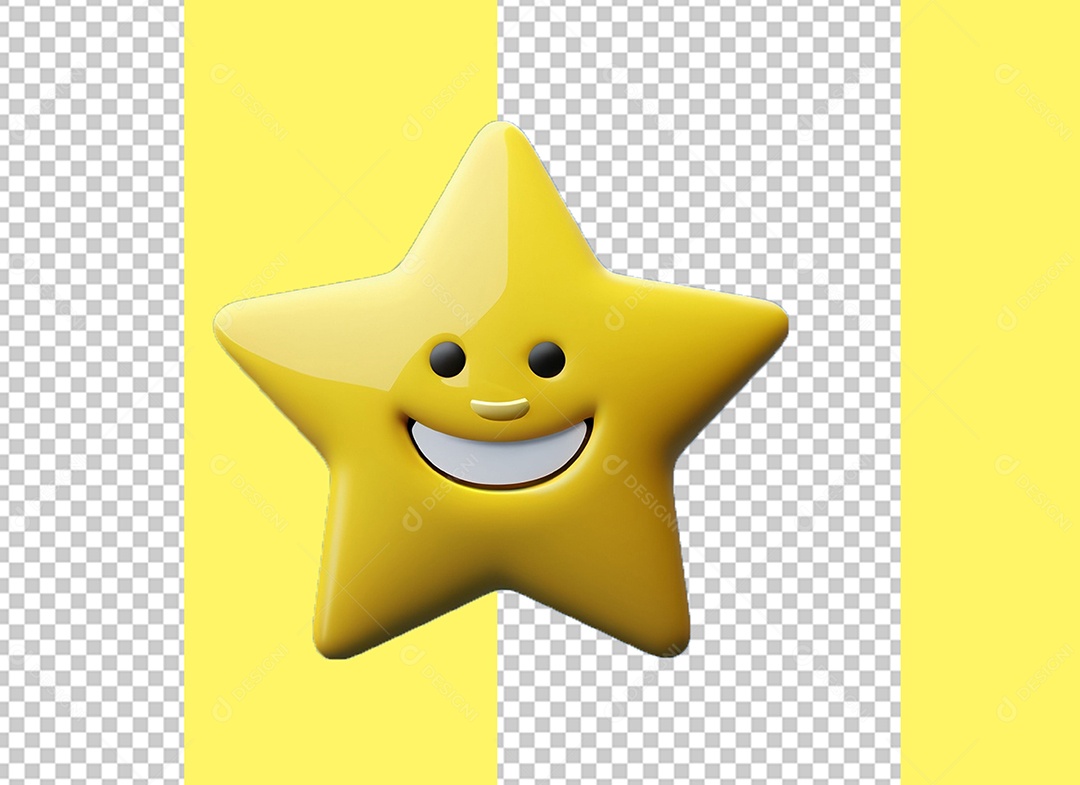 Estrela Amarela com Rosto Feliz Cartoon Elemento 3D para Composição PSD