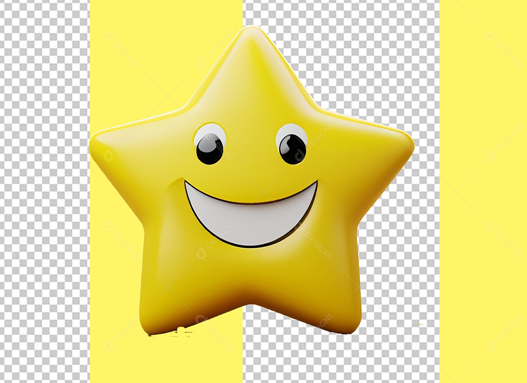 Estrela Amarela com Rosto Feliz Cartoon Elemento 3D para Composição PSD