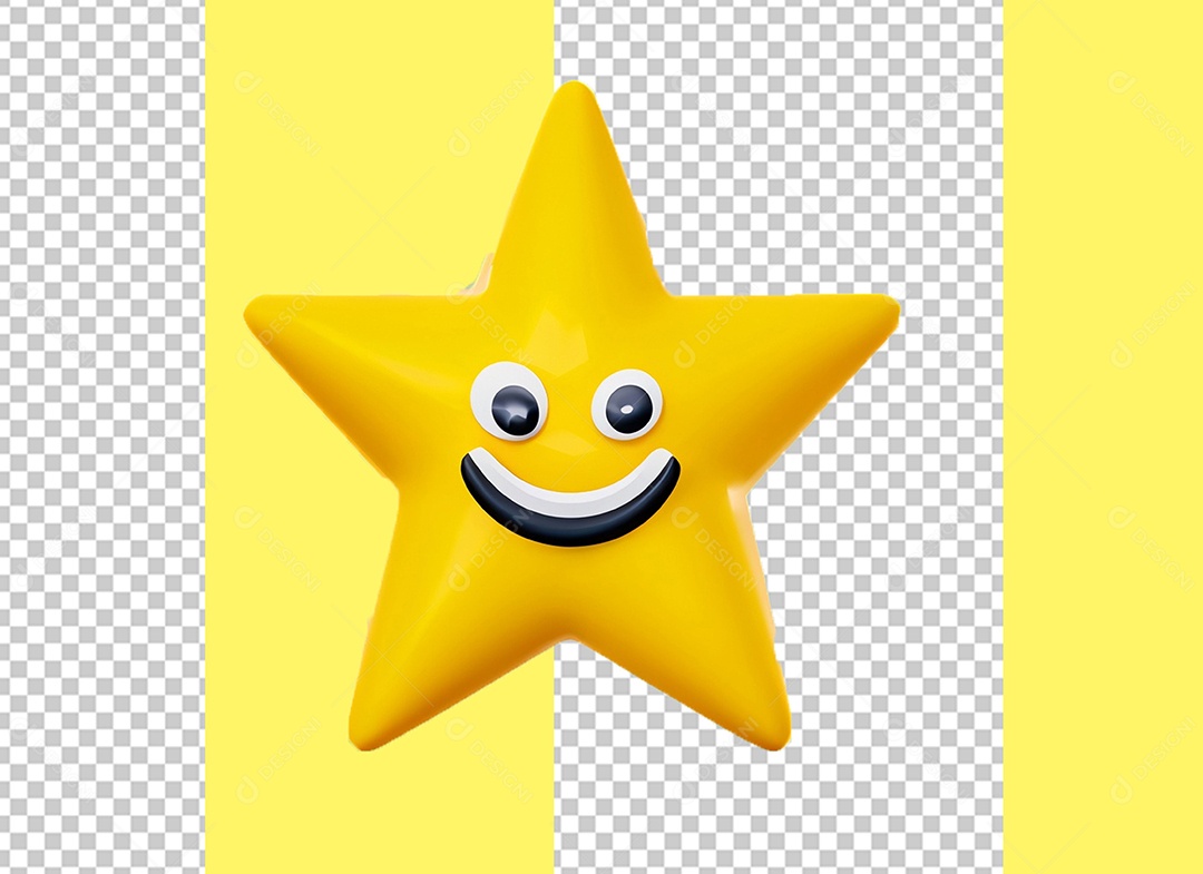 Elemento 3D Estrela Amarela com Rosto Feliz Cartoon para Composição PSD