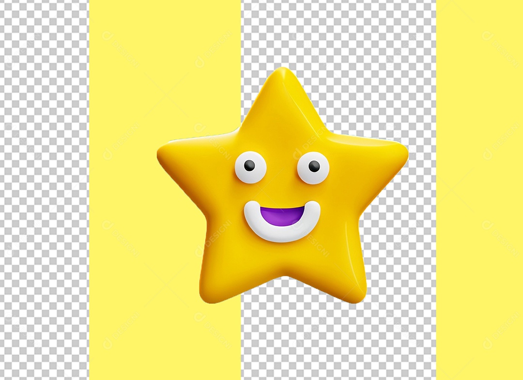 Elemento 3D Estrela Amarela com Rosto Feliz Cartoon para Composição PSD