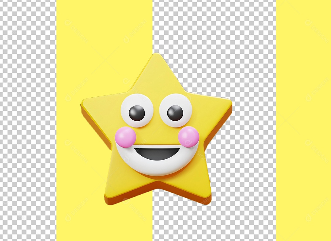 Elemento 3D Estrela Amarela com Rosto Feliz Cartoon para Composição PSD