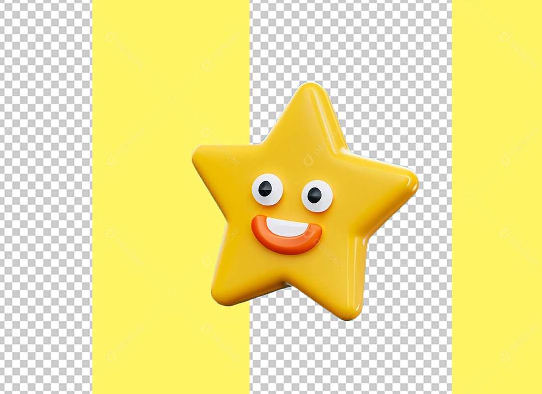 Elemento 3D Estrela Amarela com Rosto Feliz Cartoon para Composição PSD