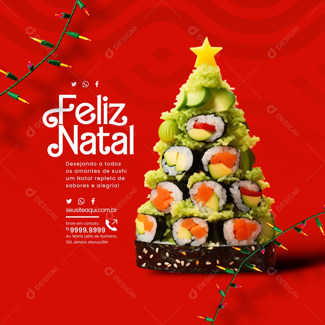Feliz Natal Comida Japonesa Desejando a Todos os Amantes de Sushi um Natal Repleto de Sabores Social Media PSD Editável