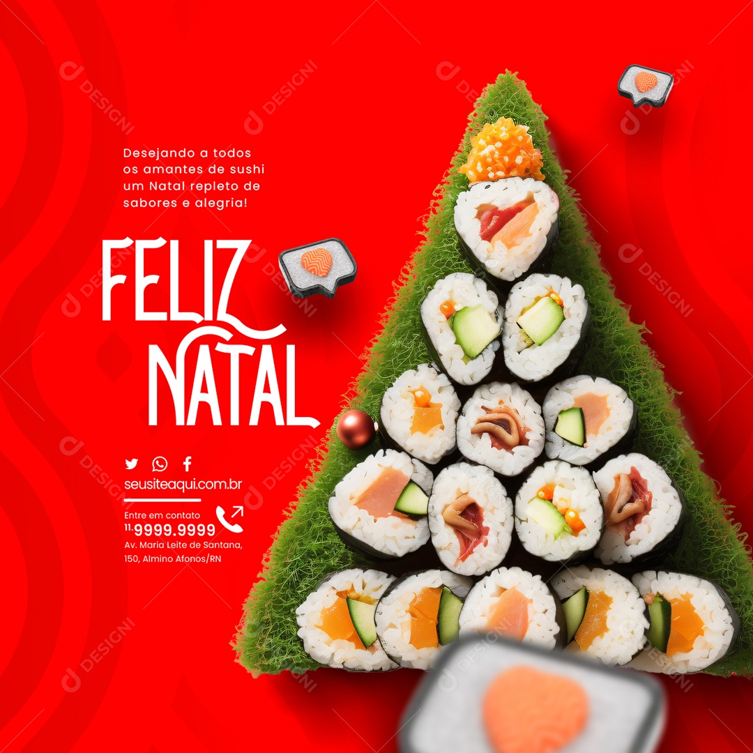 Feliz Natal Desejando a Todos os Amantes de Sushi um Natal Repleto de Sabores Comida Japonesa Social Media PSD Editável