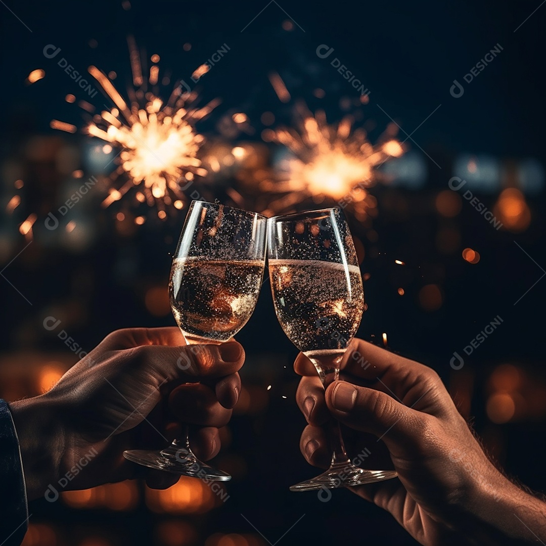 Mãos segurando taças de champanhe e fogos de artíficios
