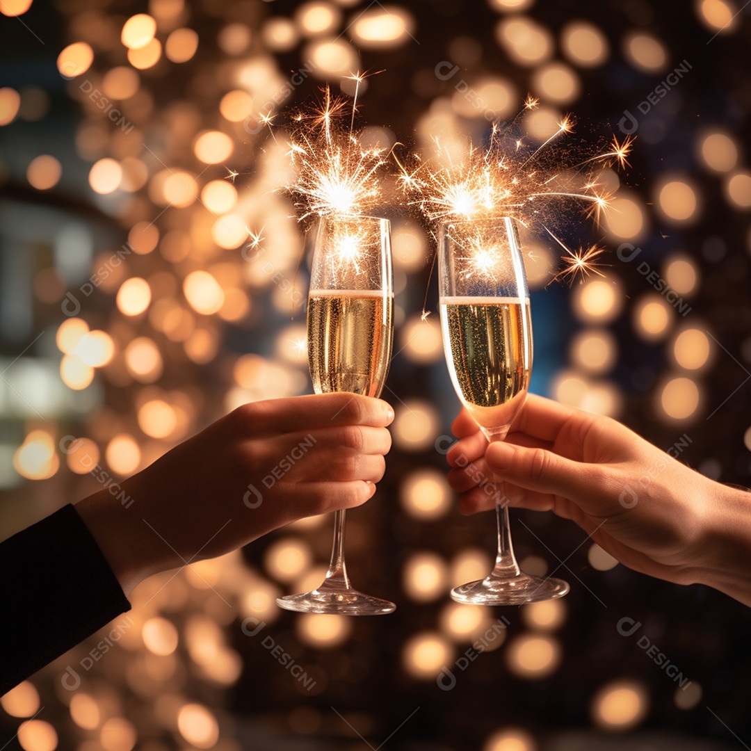 Mãos segurando taças de champanhe e fogos de artíficios
