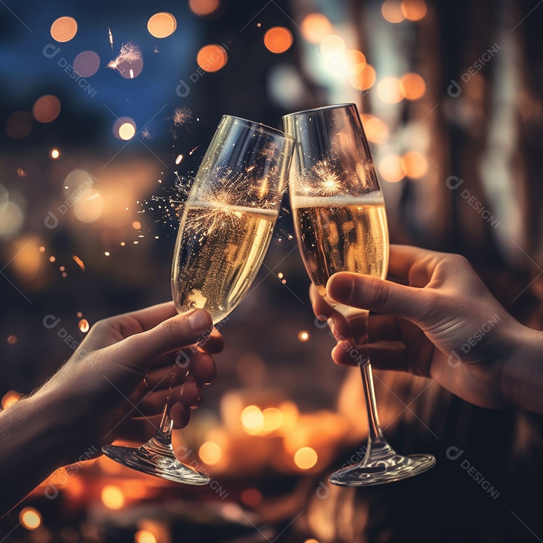 Mãos segurando taças de champanhe e fogos de artíficios