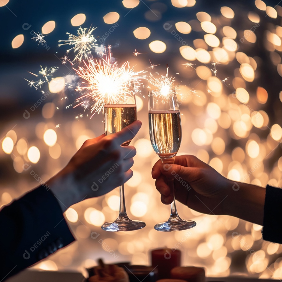 Mãos segurando taças de champanhe e fogos de artíficios