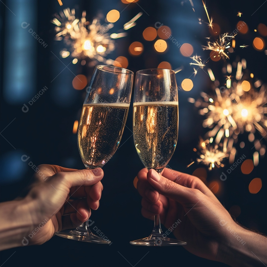 Mãos segurando taças de champanhe e fogos de artíficios