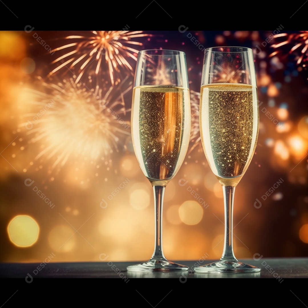 Duas taças de champagne sobre fundo de fogos de artifícios